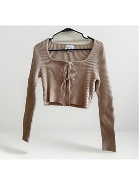 Anthropologie MABLE Ribbed Beige Front Tie Cropped Cardigan - Size Large